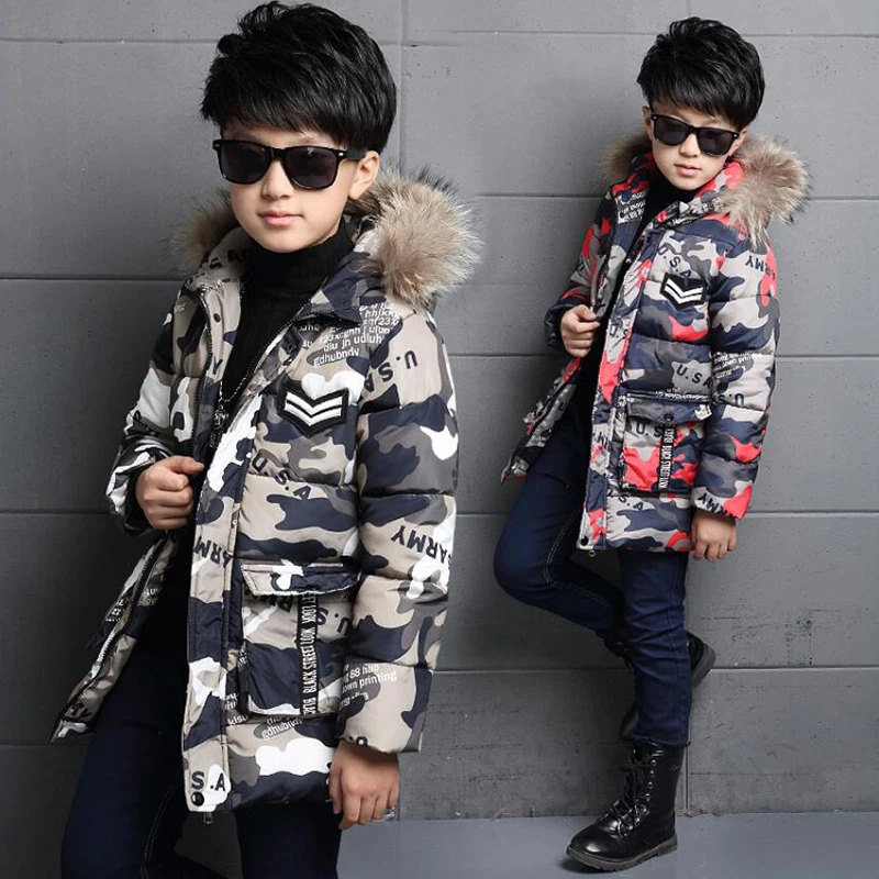 

BINIDUCKLING Winter Park Jacket Coat For Boys Kids Snowsuit Camouflage Cartoon Fur Collar Hooded Children's Jackets Outwear 2019