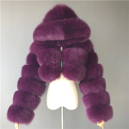 Purple MAOMAOFUR, натуральный Лисий мех, женские пальто, с капюшоном, зимние, натуральный, женский, Лисий мех, куртка, короткий стиль, на молнии, для девушек, натуральный мех, пальто - Цвет: Purple