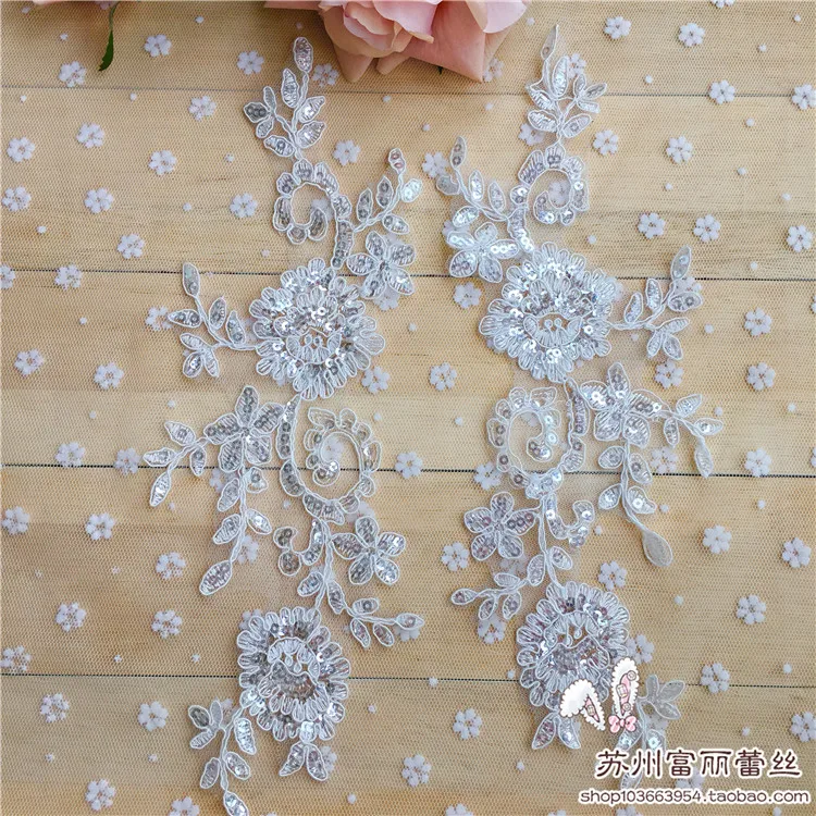

2 Pieces Floral Lace Applique Motif with Sequins Corded Fabric Sew on Wedding Dress