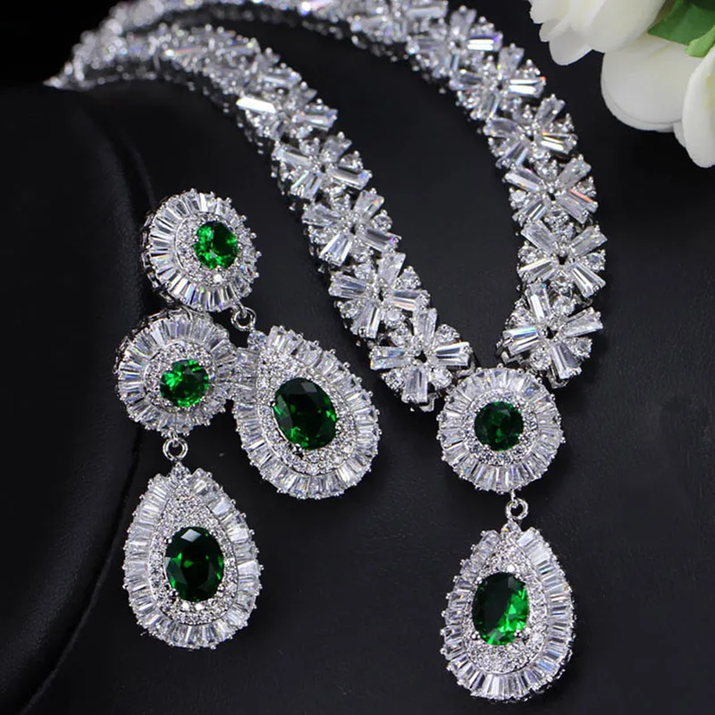 White Green Pera роскошные свадебные подарки украшения набор синий и белый прозрачный камень большая капля воды ожерелье и серьги для женщин J062 - Окраска металла: White Green