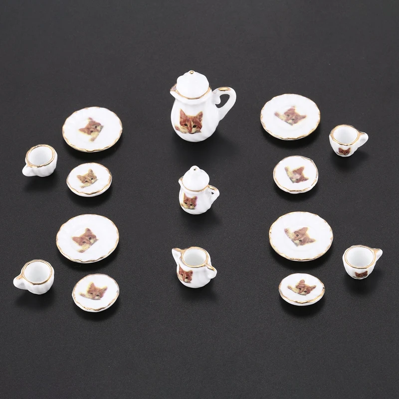 Набор из 15 шт. кукольный домик миниатюрная фарфоровая посуда кофейная чайная чашка блюдце набор с принтом кота