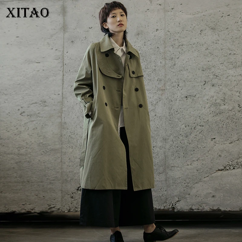 

XITAO Plus Size Split Women Trench Elegant Straight Minority Style Show Personality Long Loose Double Breasted Coat ZYQ1913