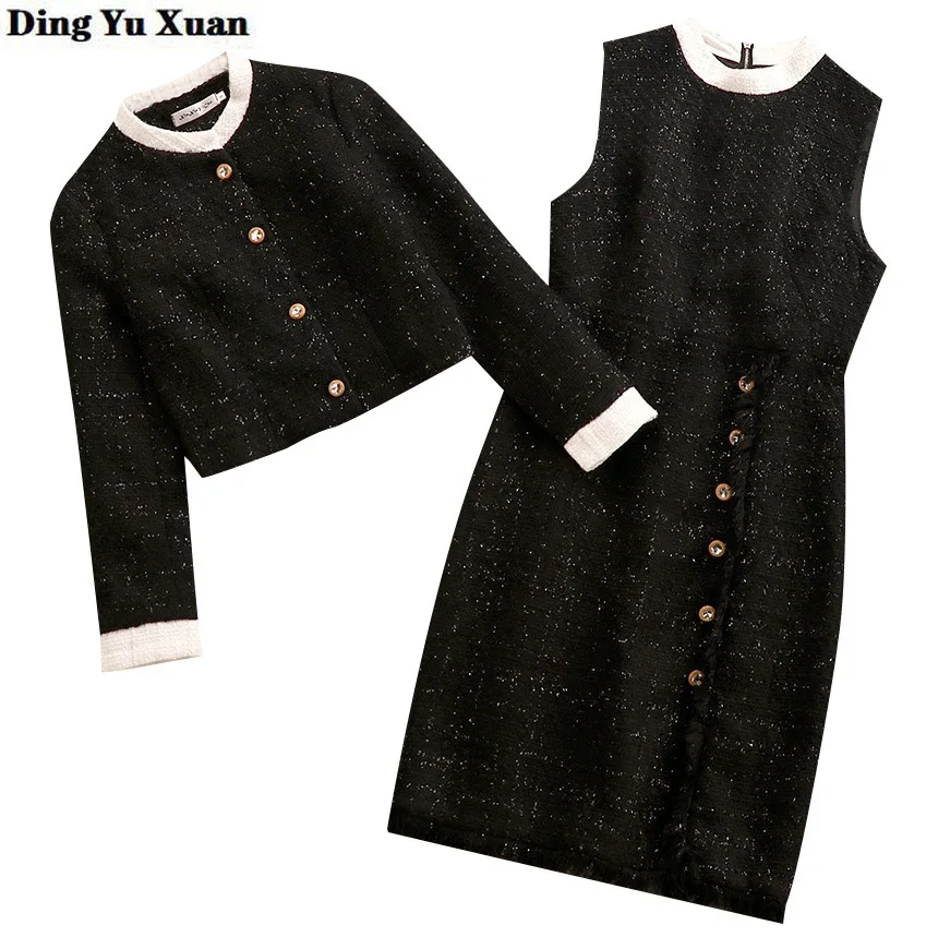 

Luxury Two Piece Set Outfit Tweed Dress and Jacket Runway Black Dress Suit for Women Fashion Crop Top with Sleeveless Dress
