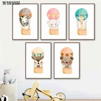 

Nordic Cartoon Animal Hot Air Balloon Deer Bear Picture Quality Canvas Painting Poster Nursery Kids Room Art Home Wall Decor