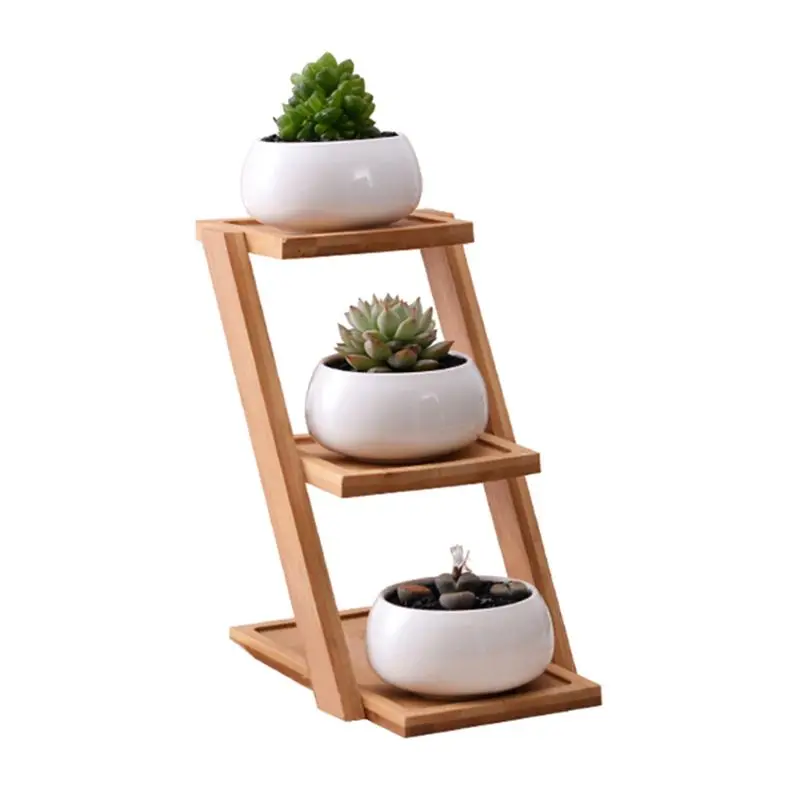 New Ceramic Small Round Succulent Flower Pot Planters With Bamboo Stand Holder