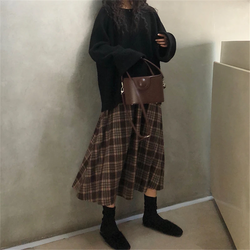 Японский Harajuku Осень Зима Женская юбка миди Высокая талия плед Женский Saias корейский Ulzzang уличная элегантная длинная юбка