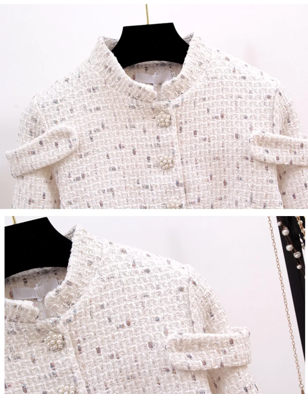New Autumn Winter Elegant Women Tweed Two Piece Set White Striped Wool Jacket Crop Coat+ Bodycon Mini Skirt Set With Belt