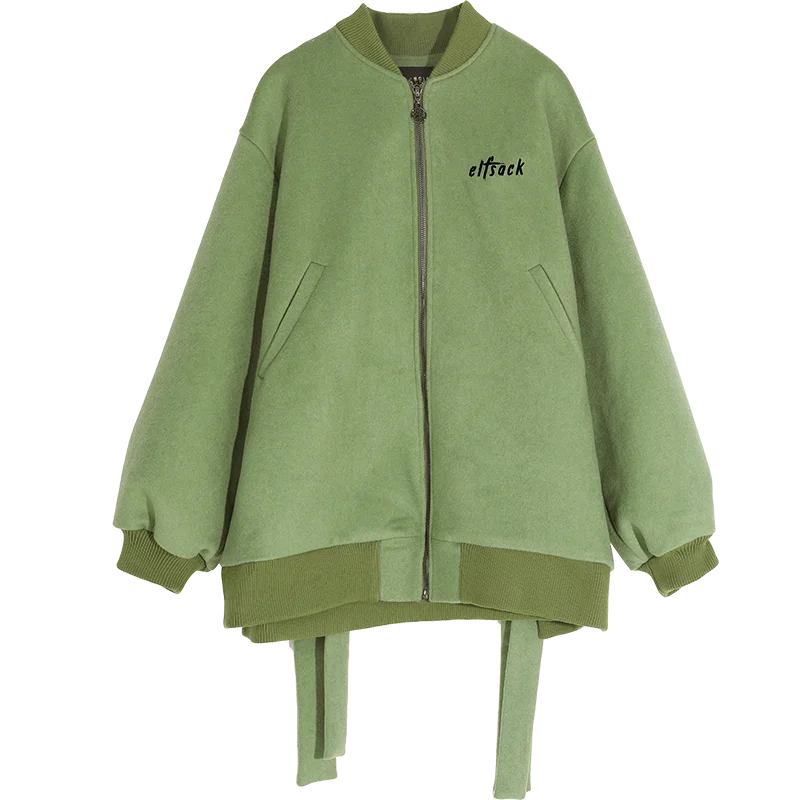 ELFSACK, розовое Однотонное шерстяное пальто с вышивкой на молнии для женщин, зима, зеленый цвет, на шнуровке, с длинным рукавом, повседневная женская теплая верхняя одежда - Цвет: Зеленый