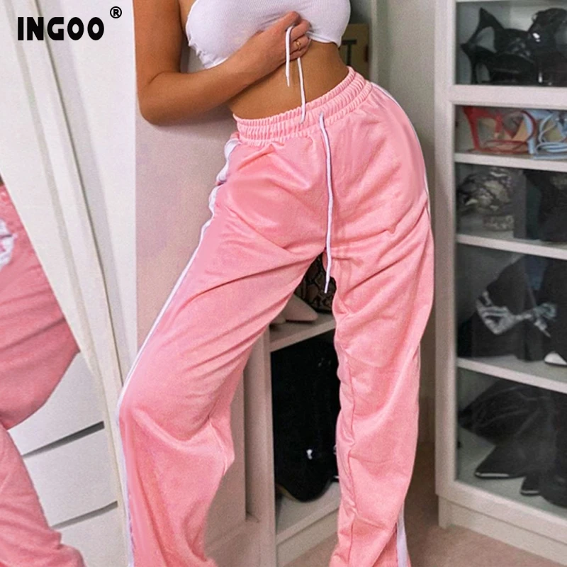 INGOO Split Wide Leg Sport Pants Women Black Pink Patchwork Zipper High Waist Trouser Female Fashion Street Capris Loose Pants INGOO Split Wide Leg Sport Pants Women Black Pink Patchwork Zipper High Waist Trouser Female Fashion Street Capris Loose Pants