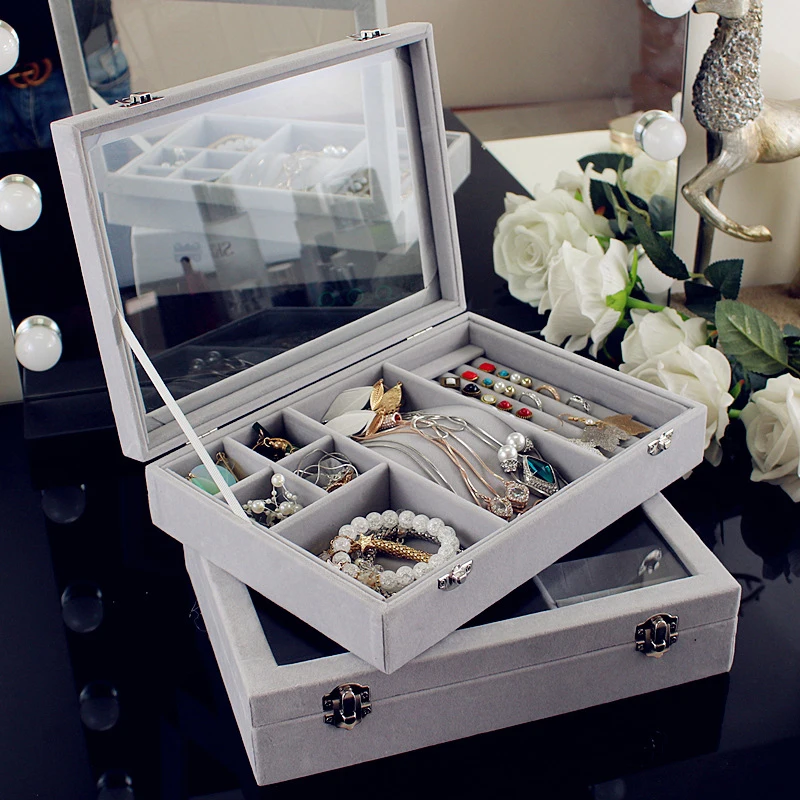 

Jewelry Display Velvet Gray Carrying Case with Glass Cover Jewelry Ring Display Box Tray Holder Storage Box Organizer