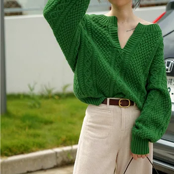 

2020 Spring Winter Stylish Vintage Sexy V Neck Sweater Long Sleeves Solid Beige Green Pullover Loose Knitting Sweater Women