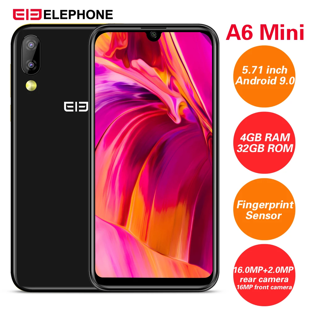 Elephone A6 Mini 4G смартфон 5 71 ''Android 9 0 MT6761 четырехъядерный 2 ГГц 4 Гб ОЗУ 32 ПЗУ 3 камеры