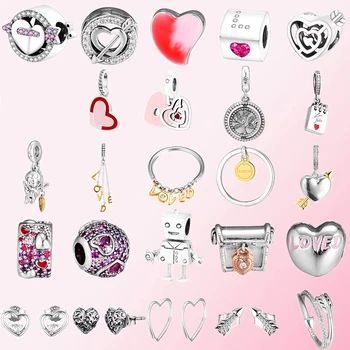 

2019 Valentine's Day Charm Love Heart Shape Cupid Arrow Bead Pendant Stud Earrings Necklace Ring 925 Sterling Silver