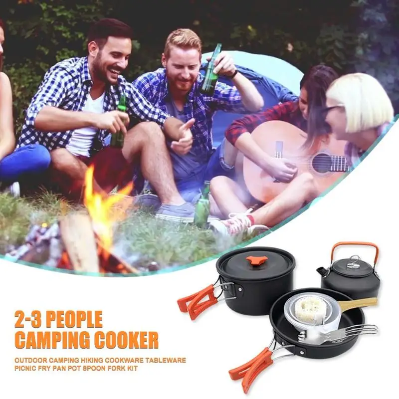 Outdoor Camping Hiking Cookware Tableware Picnic Cooking Pan Fry Pan Kettle Teapot Foldable Fork Spoon Kit Camping Picnic Tools