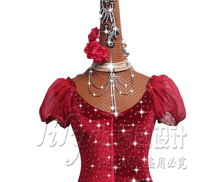 Sparkly Rhinestone Latin Competition Dance Dress Performance Costume Latin Dance Skirt Female Wine Red Chiffon Pleated Skirt