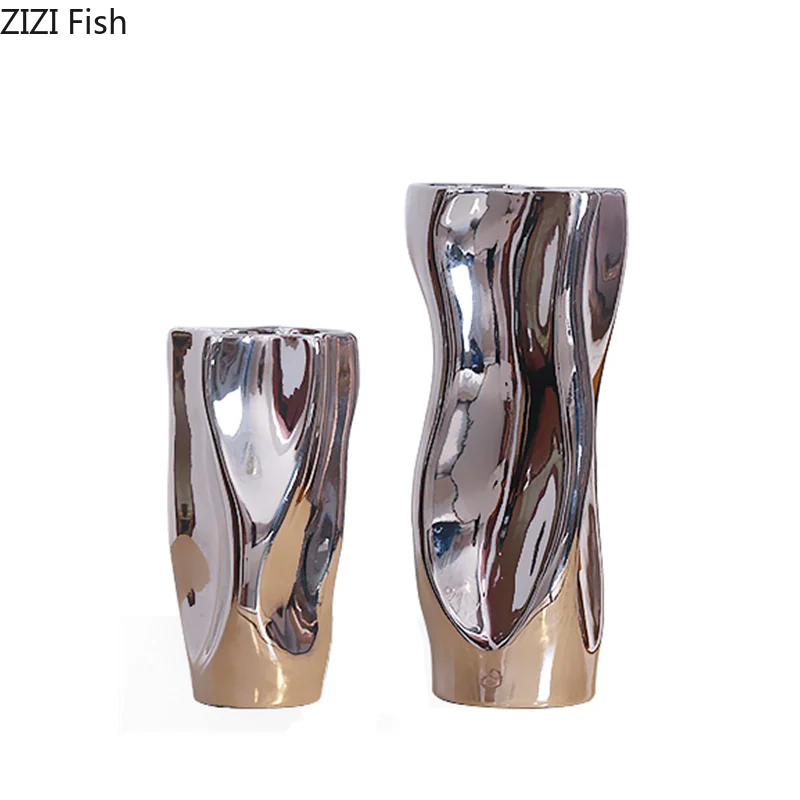 Ceramic Vase Silver Flower Vase Mirror Surface Warped Abstract Flower Arrangement Ceramic Bottle Home Decoration Ornaments 6