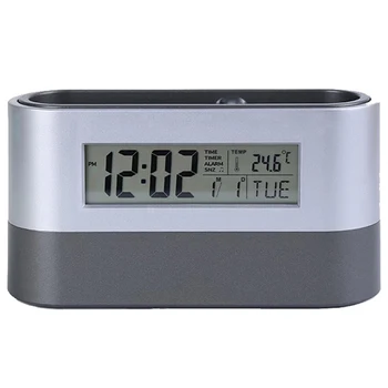 

Office Desktop Storage Pen Holder Tools Name Card Container With Digital Alarm Clock Timer Calendar Temperature Thermometer