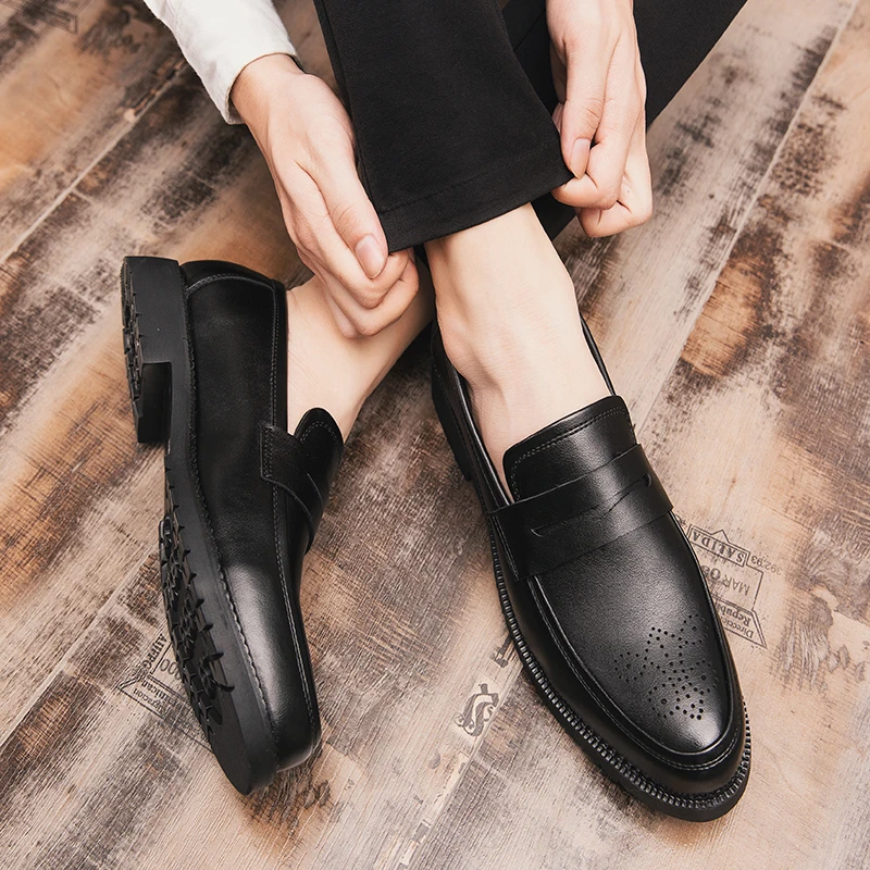 Retro Men Leather Dress Shoes Brogue Style Party Formal Shoes Wedding Flats Oxfords Slip on Fashion Loafers 46 leather shoes