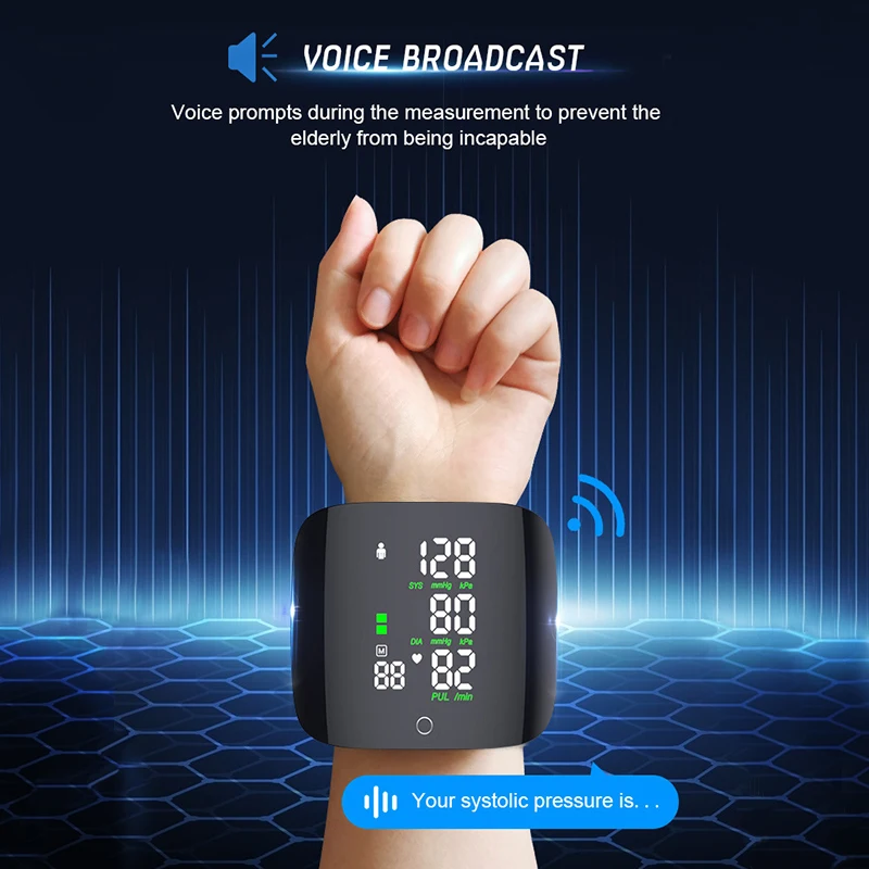 Rechargeable Voice Sphygmomanometer Fully Automatic Digital Heart Rate Wrist Blood Pressure Monitor Smart Touch LCD Screen 4