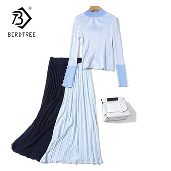 

Spring Autumn New Women Sleeve Dress Long Sleeve Knit Top + Medium Long Pleated Skirt 2 Piece Casual Set S9N307Q