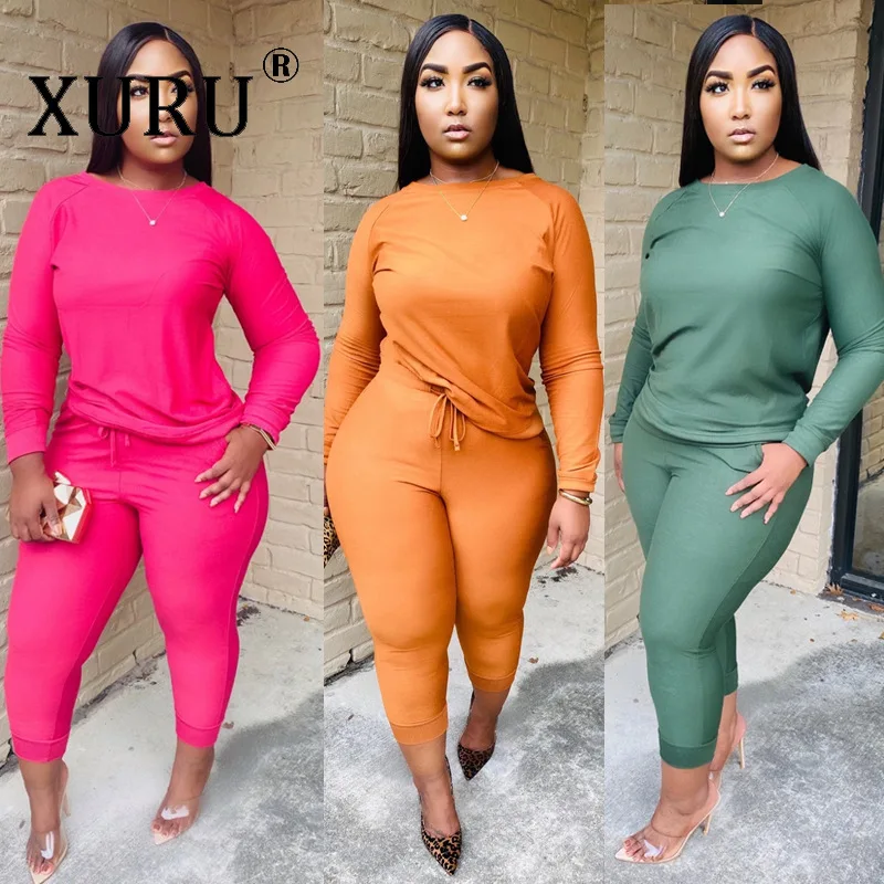 

XURU Plus Size Women's One-piece Two-piece Solid Color Round Neck Thick Knitted Casual One-piece Suit