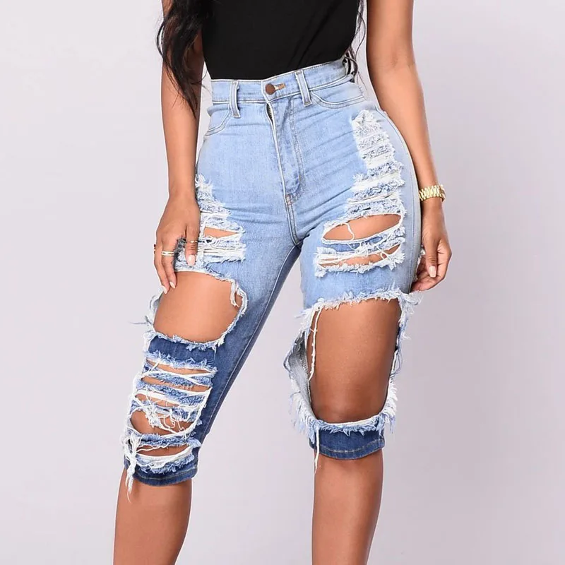 knee length distressed denim shorts