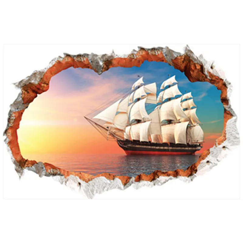 Вид на море росписи парусник восход пейзаж 3d сломанные виниловые настенные