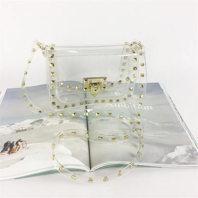 

Clear PVC Bag with Rivet Decoration Fashionable Lady Handbag Transparent Jelly Bag Women's Hasp Crossbody Shoulder Bag