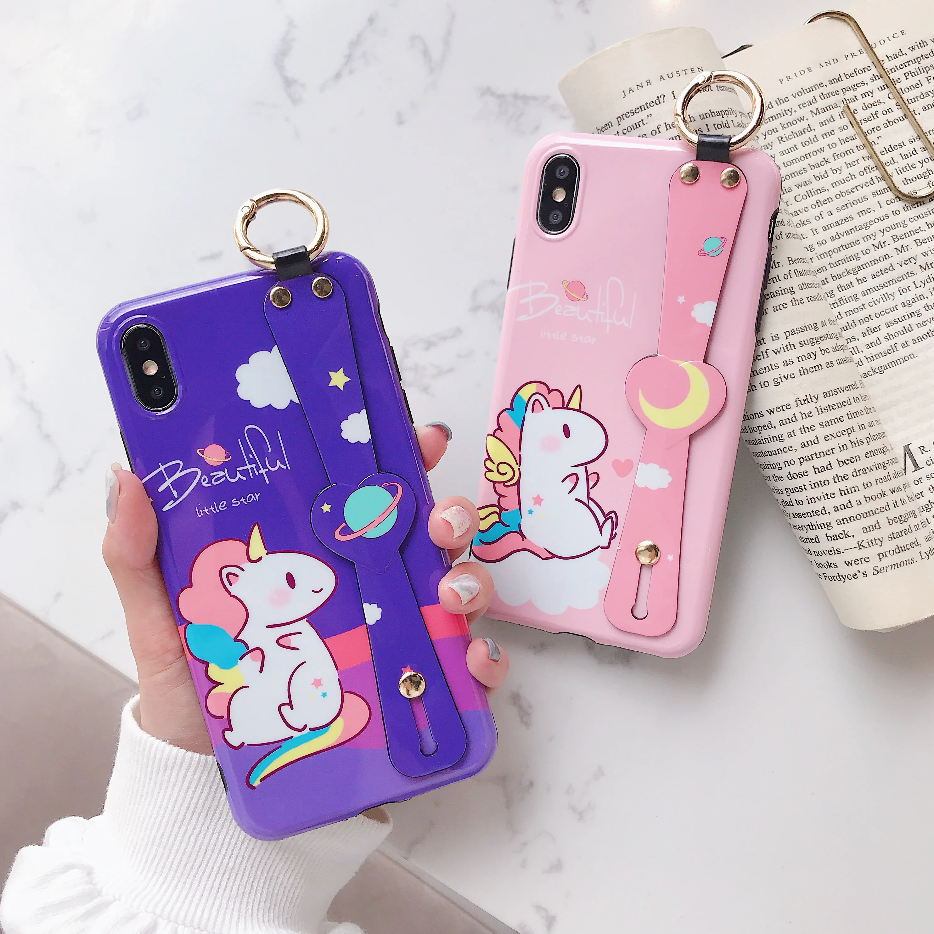 

Unicorn Case for iPhone 6S 6 7 8 Plus Cartoon Cute Wrist Strap Bracket Phone Holder Cover for iPhone X XR XS Max Case Funda