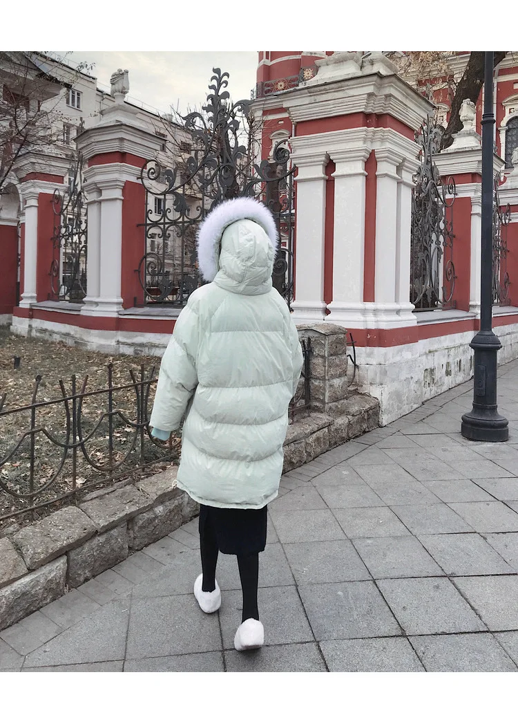 Зимний плотный теплый длинный пуховик, Женское пальто, женский большой меховой воротник с капюшоном, Свободный корейский пуховик