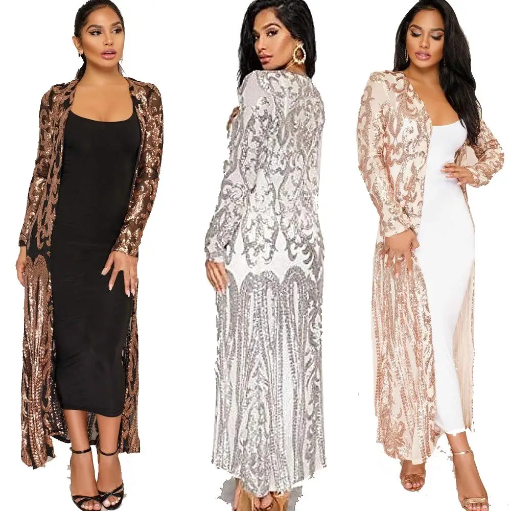 

Women's Sequins Open Front Long Sleeve Club Cardigan for Prom Ankle Length Irregular Coat Dresses