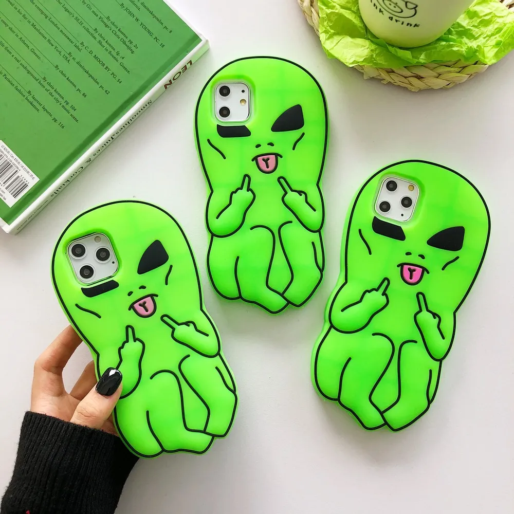 

Fluorescent green cartoon middle finger alien case For iPhone 12mini 12 11 pro max X XR XS Max 6 6s 7 8 plus lovely back cover
