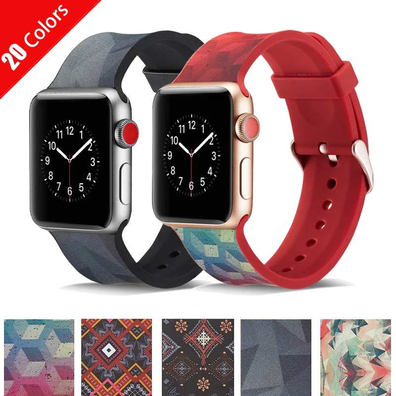 Силиконовый ремешок с цветной печатью для Apple Watch 38/40/42/44 мм аксессуары часов iWatch