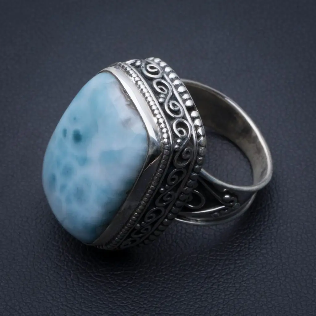 Натуральное Caribbean Larimar винтажное 925 пробы Серебряное кольцо, американский размер 7,25 R3380
