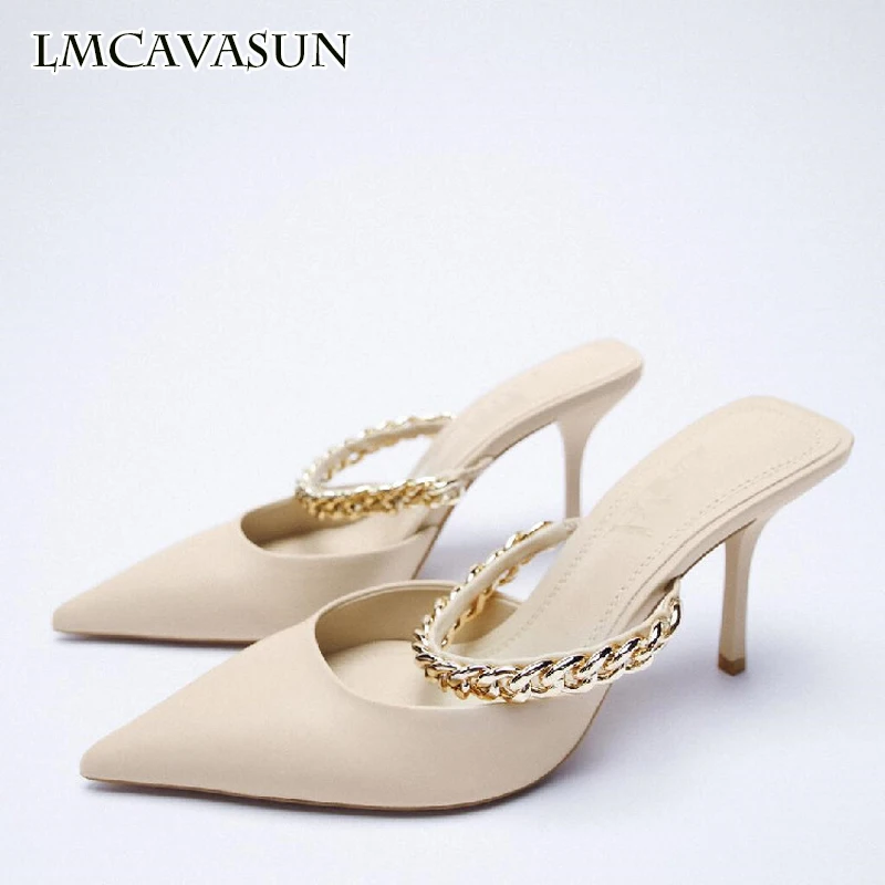 LMCAVASUN 2021 New Elegant Chain Mueller Shoes Pointed Mary Jane Brown High Heels Thin Heel Back Empty Sandals | Обувь