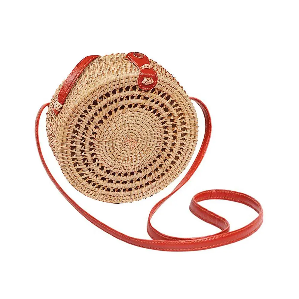 

2019 New Woven clutch Bag Handwoven Round Rattan straw Bag Shoulder Leather Straps Natural Chic Circle Handbag