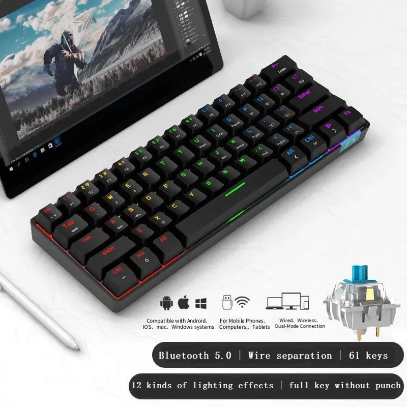 

61-Key Mechanical Keyboard Type-C Wireless Dual-Mode Bluetooth Mechanical Keyboard Game Mini RGB Backlit Mechanical Keyboard