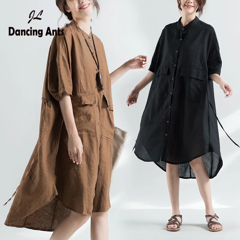 

Woman Loose Dress Cotton and Linen Dress Stand Collar Solid Half Sleeve Dress Trend 2020 Summer Big Pocket Dresses Plus Size Top