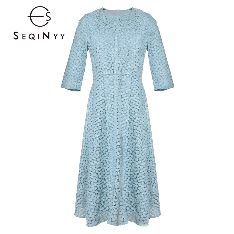 

SEQINYY Green Dress 2020 Summer Spring New Fashion Design Short Sleeve Embroidery Flowers Lace High Quality Knee Dress