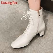 Krazing pot natural cow leather square toe thick med heels lace up handmade gorgeous dress lady Korean girl Chelsea boots L59