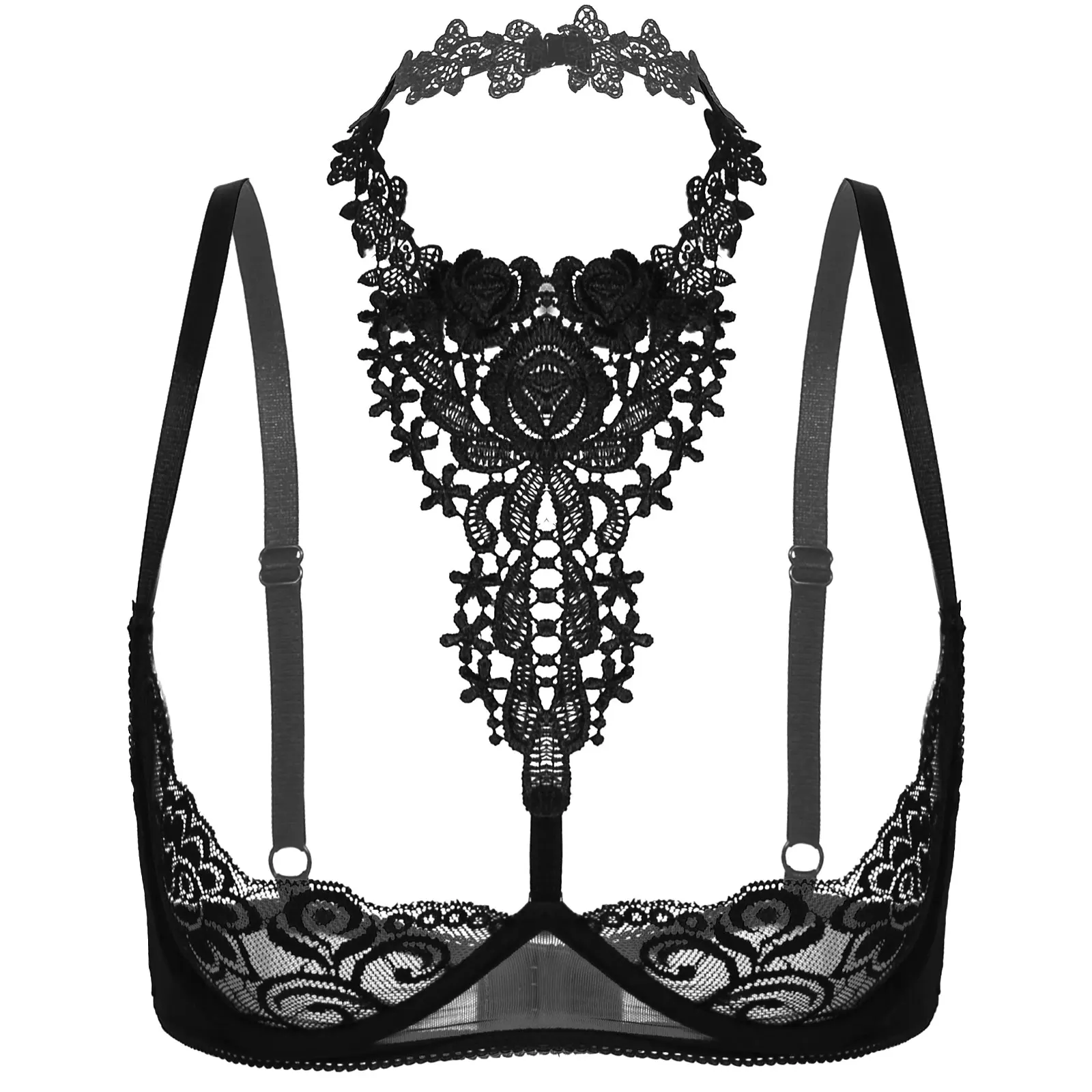 thumbnail image 1 of Sujetador transparente de encaje Floral con aros sin forro, Tops con cuello Halter y pecho descubierto, lencería femenina, camisetas sin mangas exóticas, Tops cortos, ropa interior, 1 of 4