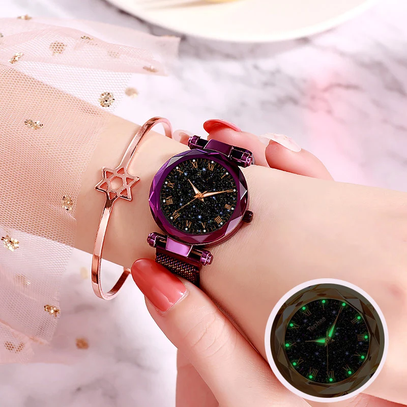 Роскошные женские часы-браслет, набор,, звездное небо, часы, розовое золото, женские магнитные кварцевые наручные часы, водонепроницаемые часы, reloj mujer