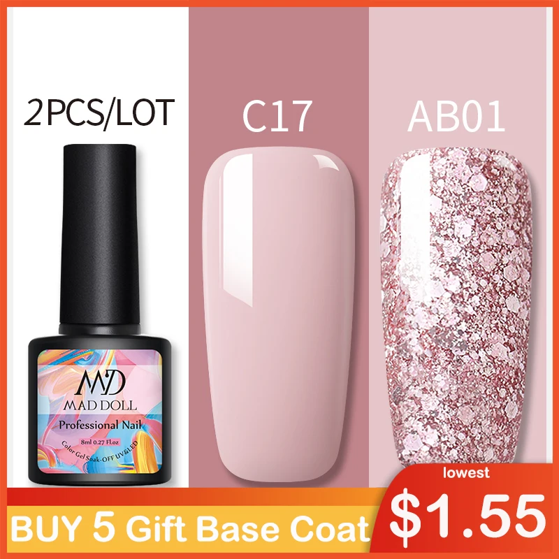 

MAD DOLL Glitter UV Gel Nail Polish Set Nude Color Series Led Nail Gel Varnish Semi Permanent Nail varnish Sequins Gel 2pcs/set