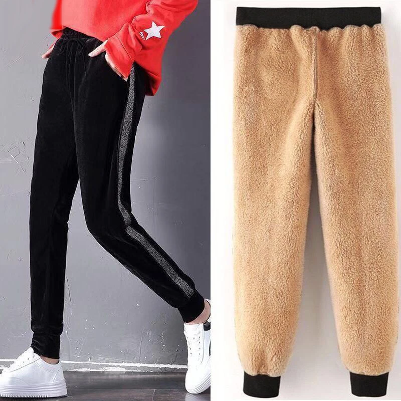 Черный Women Pant Winter Thick Lambskin Cashmere Pants Warm Female Casual Pants Loose Harlan Pants Lined Fleece Trousers Sweatpants - Цвет: Черный
