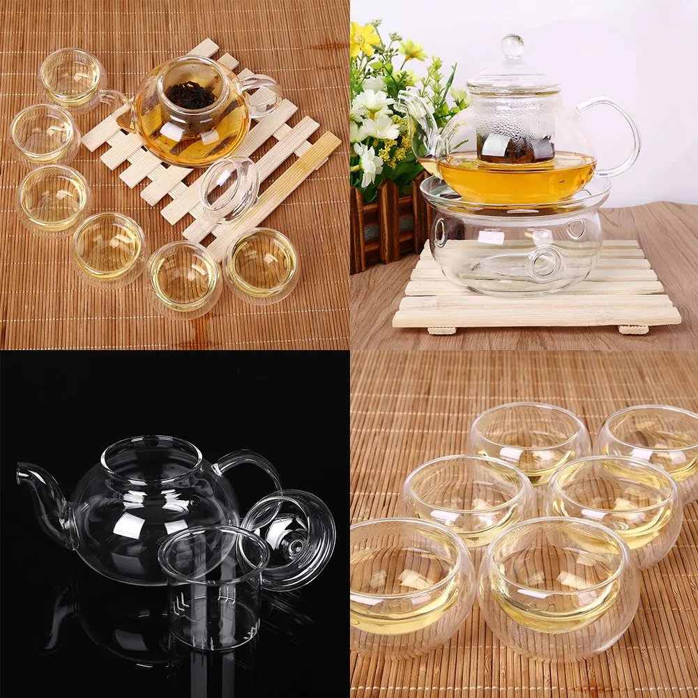 

Tea Set 800ml Infuser Glass Double Wall Kitchen Teapot+Warmer+6 Heat Resistant Home Pot Clear Sarafe Set Cup W/ Borosilicate