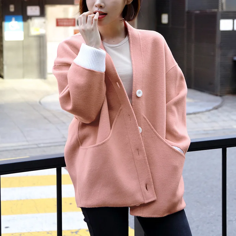 

2019 New Sweater Loose V-Collar Double Hand Sewed Wool Coat Women Wool Women Coat V-Neck Single Breasted Women Coat