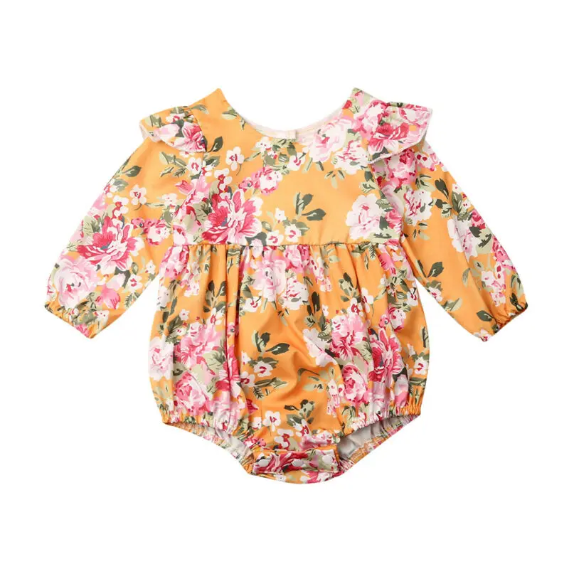 Sweet Toddler Baby Girls Bodysuits 0-24M Long Sleeve Flower Print Cute Bodysuit Jumpsuit Clothes Set