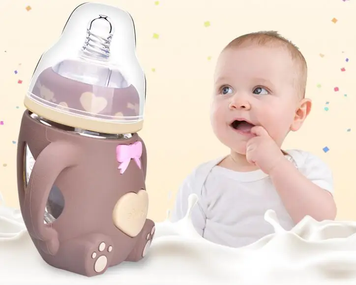 Sallybaby160ML детская изогнутая Широкая стеклянная бутылочка с ручкой, антиосенняя силиконовая детская бутылочка