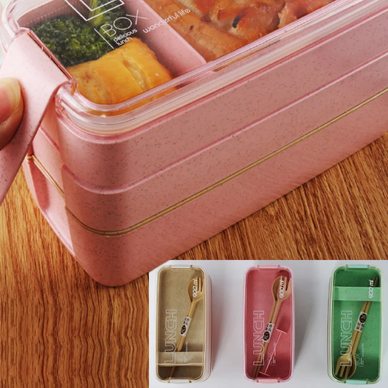 Bento Box зеленый бежевый контейнер для еды Пшеничная солома 3 слоя 900 мл 1 шт. экологичный Ланч-бокс розовый