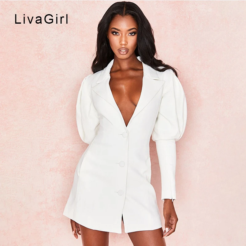 

Solid V-neck puff sleeve single-breasted blazer and jacket Elegant white blazer dress